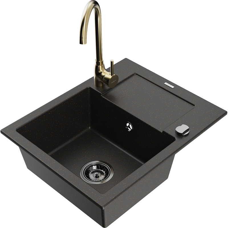 Mexen Enzo grindinis vieno skyriaus kriauklė su drenažu ir virtuviniu maišytuvu Telma, juoda/aukso - 6506-75-670200-50-B