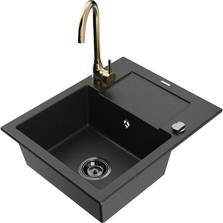 Mexen Enzo grindinis vieno skyriaus kriauklė su drenažu ir virtuviniu maišytuvu Telma, juoda/aukso - 6506-75-670200-50-B