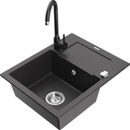 Mexen Enzo granitinė plautuvė su vienu dubeniu, drenažo sistema ir virtuviniu maišytuvu Telma, juoda dėmėta