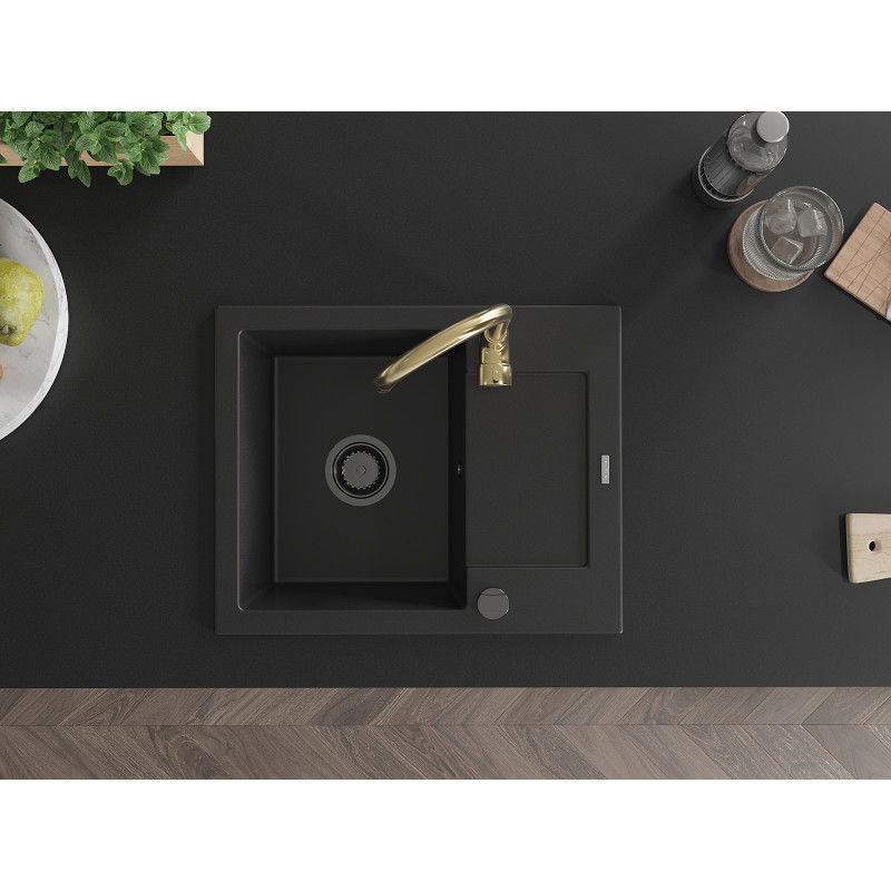 Mexen Enzo vienos dubens granitinė virtuvinė plautuvė su nusausinimo zona ir Telma maišytuvu, juoda - 6506-77-670200-50-B