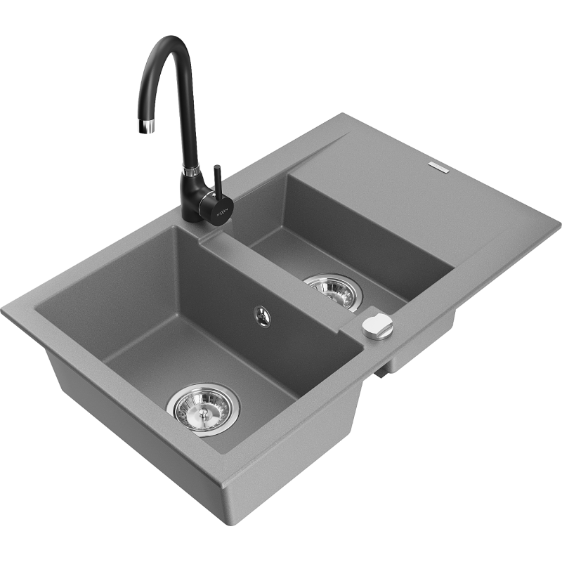 Mexen Gaspar grindinis granitinis dviejų sekcijų plautuvas su nusausinimo padėklu ir virtuviniu maišytuvu Telma, pilkas