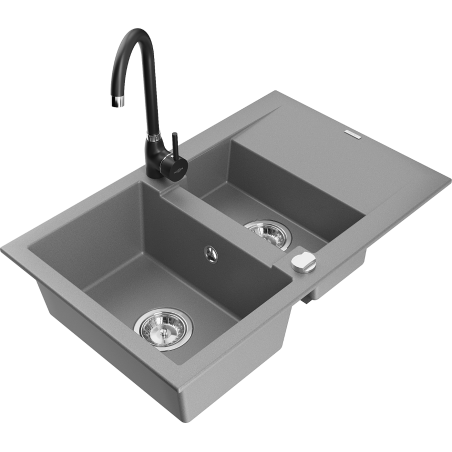 Mexen Gaspar grindinis granitinis dviejų sekcijų plautuvas su nusausinimo padėklu ir virtuviniu maišytuvu Telma, pilkas