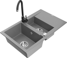 Mexen Gaspar grindinis granitinis dviejų sekcijų plautuvas su nusausinimo padėklu ir virtuviniu maišytuvu Telma, pilkas
