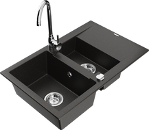 Mexen Gaspar granito plautuvė 1,5-kamerų su nusausintuvu ir virtuvės maišytuvu Telma, juodas/auksinis - 6507-75-670200-00