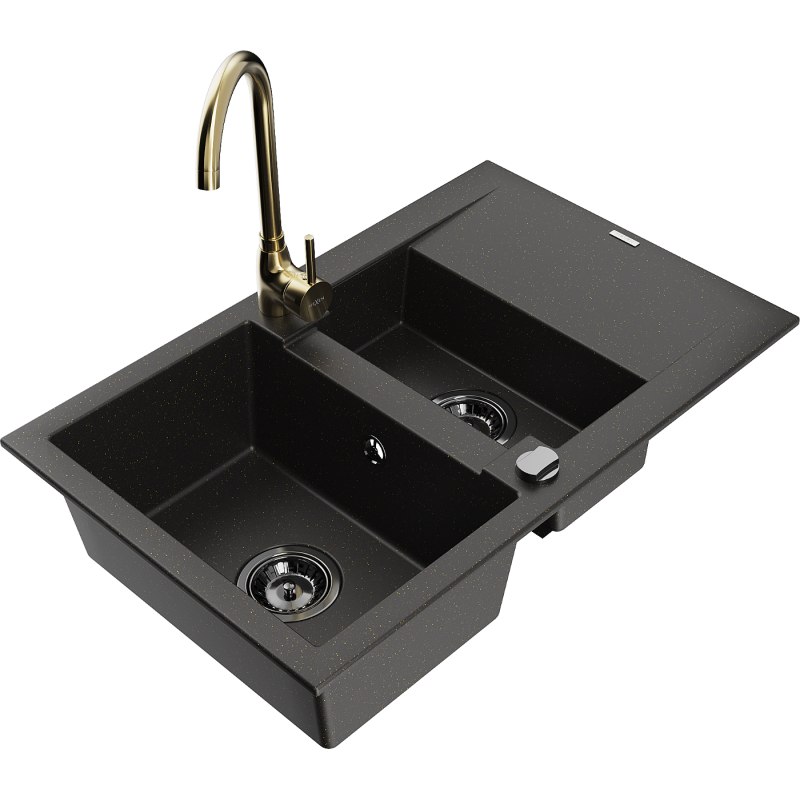 Mexen Gaspar 1,5 skyrių granitinė kriauklė su nusausintuvu ir Telma virtuviniu maišytuvu, juoda/aukso - 6507-75-670200-50-B