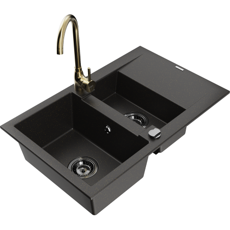 Mexen Gaspar 1,5 skyrių granitinė kriauklė su nusausintuvu ir Telma virtuviniu maišytuvu, juoda/aukso - 6507-75-670200-50-B