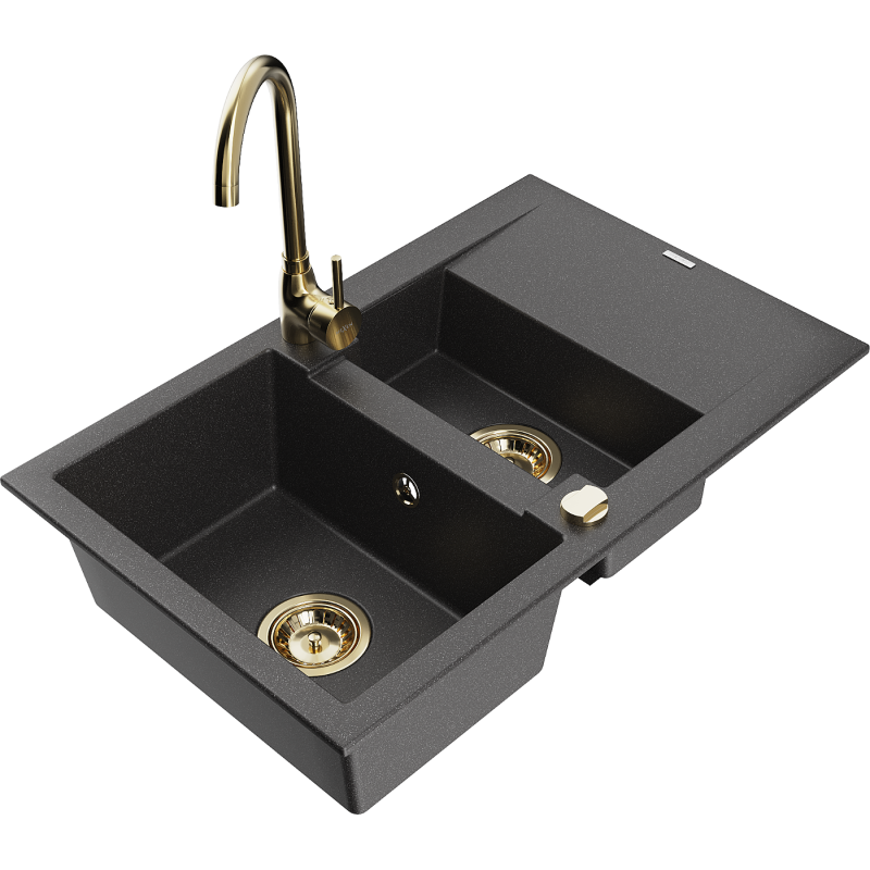 Mexen Gaspar granito plautuvė su 1,5 skyriumi, su nusausintuvu ir Telma virtuviniu maišytuvu, juoda taškuota