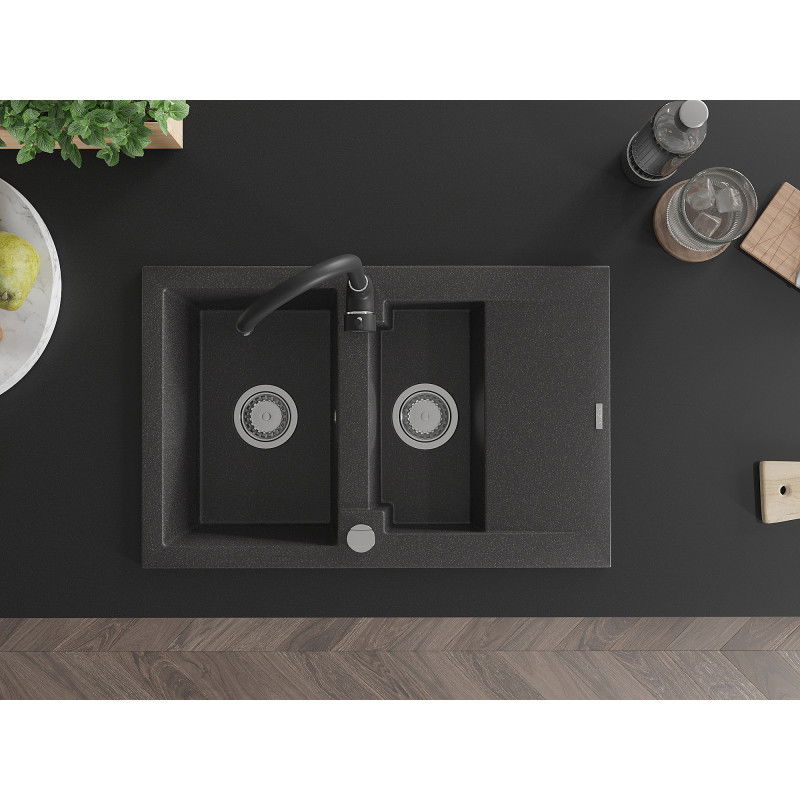 Mexen Gaspar granitinė 1,5 kamerų kriauklė su nusausintuvu ir Telma virtuviniu maišytuvu, juoda dėmėta - 6507-76-670200-70