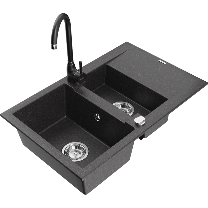 Mexen Gaspar granitinė 1,5 kamerų kriauklė su nusausintuvu ir Telma virtuviniu maišytuvu, juoda dėmėta - 6507-76-670200-70