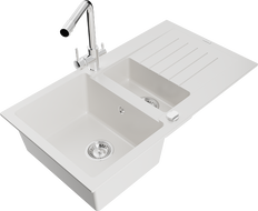 Mexen Matias granito kriauklė 1,5 skylių su lašeliu ir virtuviniu maišytuvu Duero, balta - 6502-20-671600-00