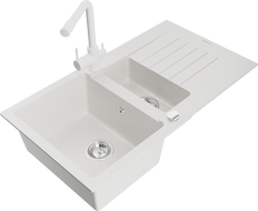 Mexen Matias granito plautuvė 1,5 skyrių su nutekėjimo ir virtuviniu maišytuvu Duero, baltas - 6502-20-671600-20