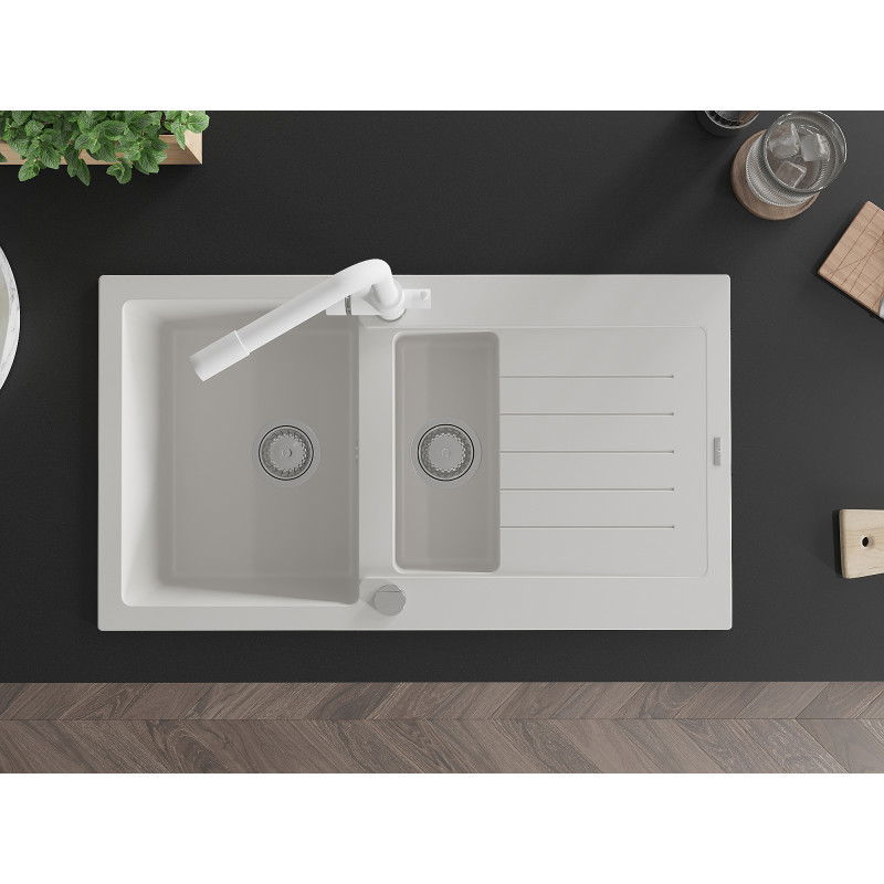 Mexen Matias granito plautuvė 1,5 skyrių su nutekėjimo ir virtuviniu maišytuvu Duero, baltas - 6502-20-671600-20