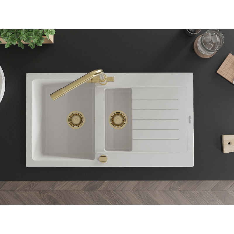 Mexen Matias granito plautuvė 1,5 kamera su lašintuvu ir virtuviniu maišytuvu Duero, balta - 6502-20-671600-50