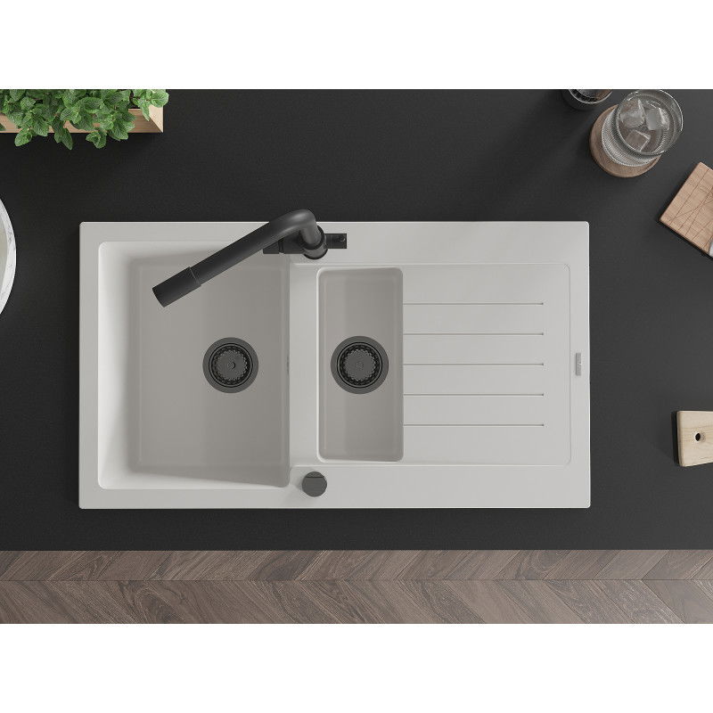 Mexen Matias granito plautuvė, 1,5 dubens su nutekėjimo vieta ir virtuviniu maišytuvu Duero, balta - 6502-20-671600-70