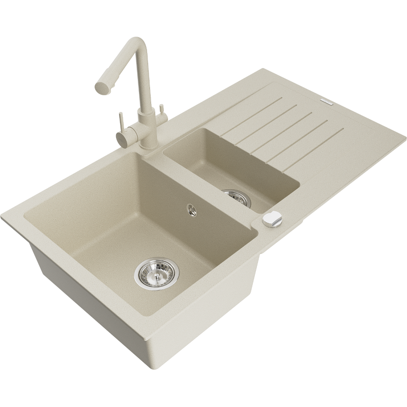 Mexen Matias granitinė 1,5 kamerų plautuvė su nutekėjimu ir virtuviniu maišytuvu Duero, smėlinė - 6502-69-671600-69