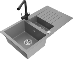 Mexen Matias granito plautuvė 1,5 skyrių su lašeliu ir virtuvės maišytuvu Duero, pilkas - 6502-71-671600-70