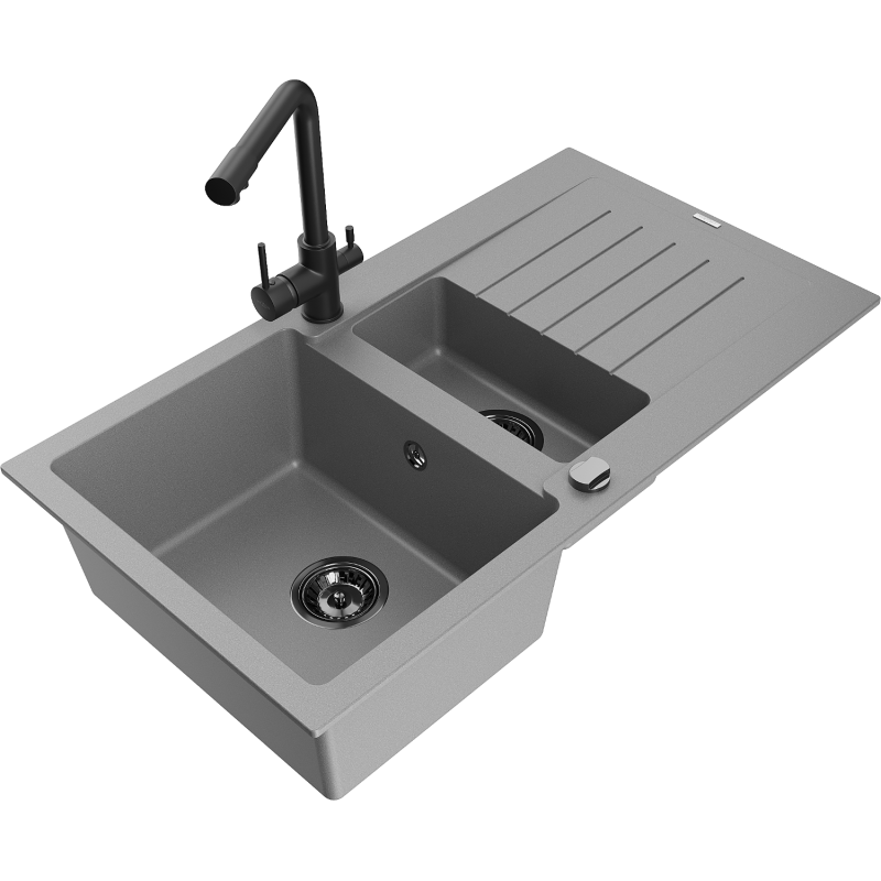 Mexen Matias granitinis dviejų skyrių plautuvas su nusausintuvu ir Duero virtuvės maišytuvu, pilkas - 6502-71-671600-70-B