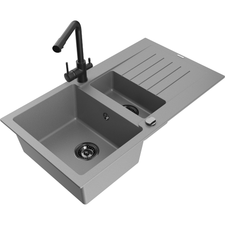 Mexen Matias granitinis dviejų skyrių plautuvas su nusausintuvu ir Duero virtuvės maišytuvu, pilkas - 6502-71-671600-70-B