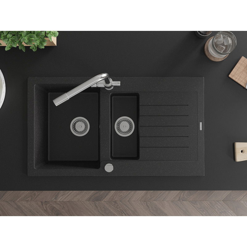 Mexen Matias granitinė 1,5 plautuvė su nusausintuvu ir virtuvės maišytuvu Duero, juodas/sidabrinis metalikas