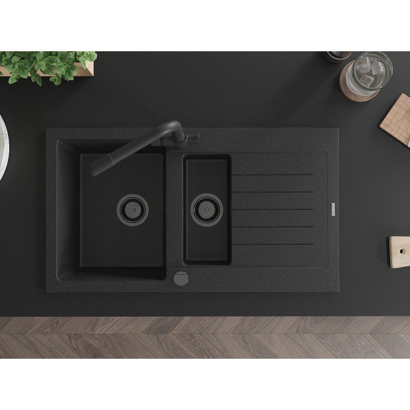 Mexen Matias granito plautuvė 1,5 skylių su nutekėjimu ir virtuviniu maišytuvu Duero, juoda/sidabrinė - 6502-73-671600-70-B
