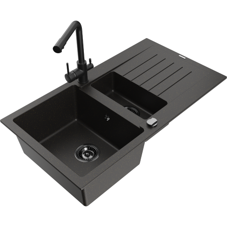 Mexen Matias granitinė 1,5 kamerų plautuvė su nutekėjimu ir virtuviniu maišytuvu Duero, juodas/auksinis