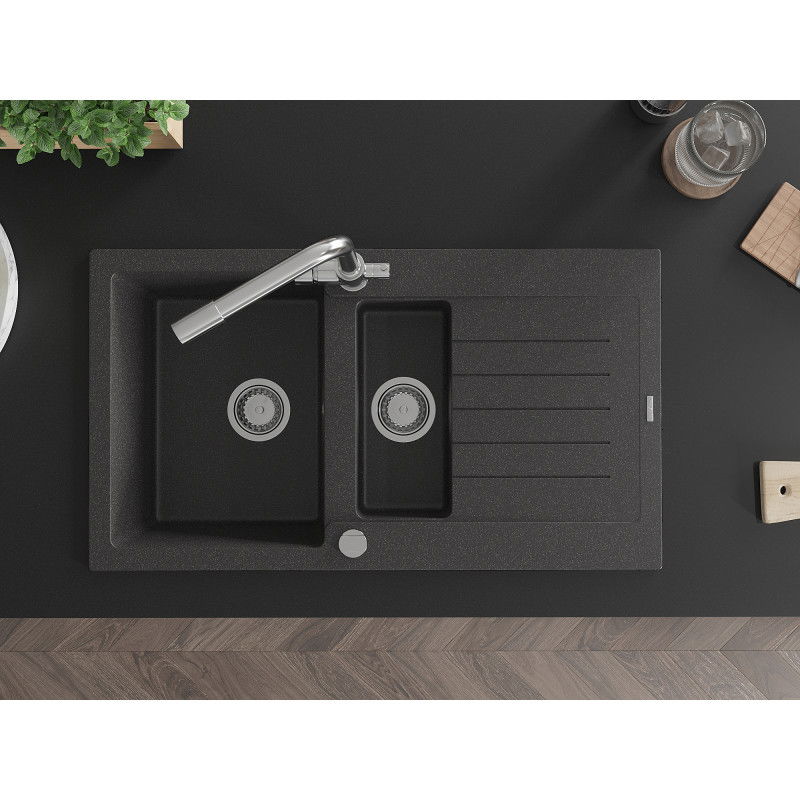 Mexen Matias granito kriauklė 1,5 skylių su nutekėjimu ir virtuvine maišytuvu Duero, juoda su dėmėmis - 6502-76-671600-00