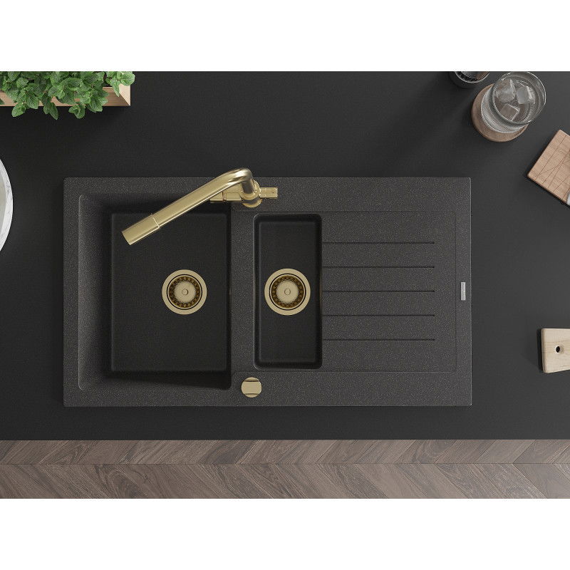 Mexen Matias granito kriauklė 1,5 skyrių su nuvarvėjimo vieta ir virtuvės maišytuvu Duero, juodas palietimu - 6502-76-671600-50