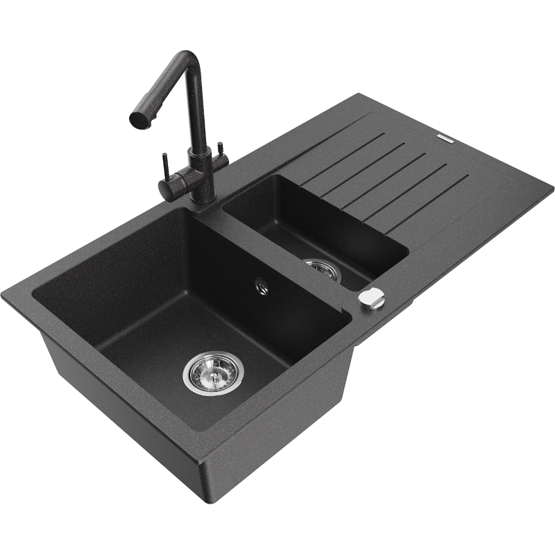 Mexen Matias granitinė 1,5 skylių plautuvė su nuvarvikliu ir virtuvės maišytuvu Duero, juoda su taškučiais