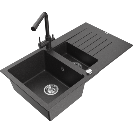 Mexen Matias granitinė 1,5 skylių plautuvė su nuvarvikliu ir virtuvės maišytuvu Duero, juoda su taškučiais