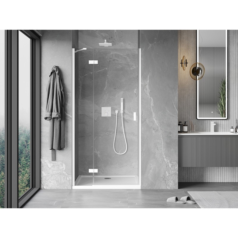 Mexen Mist-H kairiosios atveriamos dušo durys 75 cm, skaidrios, baltos - 8A5-075-000-20-00-L
