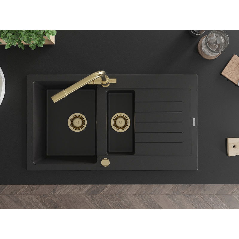 Mexen Matias granito plautuvė 1,5 skylių su nubėgimu ir virtuviniu maišytuvu Duero, juodas - 6502-77-671600-50