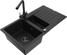Mexen Matias granitinė virtuvės plautuvė 1,5 kamerų su lašintuvu ir virtuviniu maišytuvu Duero, juoda - 6502-77-671600-70-B