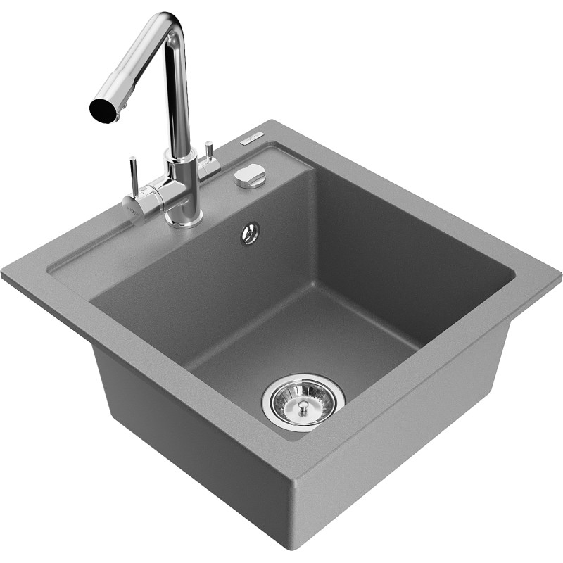 Mexen Vito granitinė vieno dubenėlio virtuvės kriauklė su maišytuvu Duero, pilka - 6503-71-671600-00