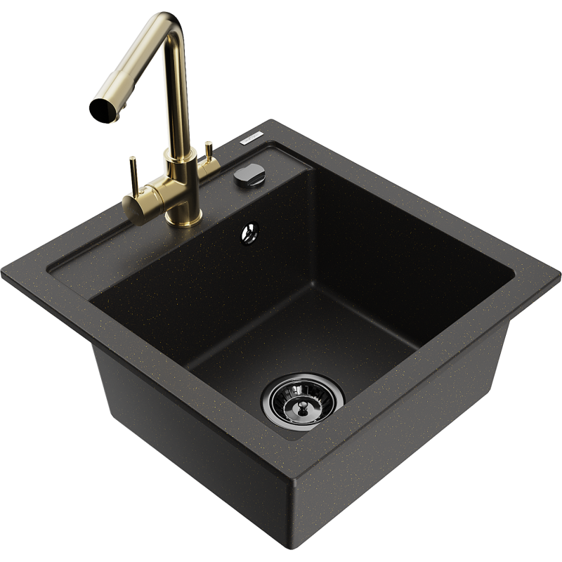 Mexen Vito granito plautuvė 1-skyrius su virtuvės maišytuvu Duero, juoda/aukso metalas - 6503-75-671600-50-B