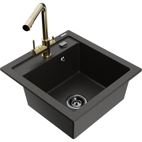 Mexen Vito granito plautuvė 1-skyrius su virtuvės maišytuvu Duero, juoda/aukso metalas - 6503-75-671600-50-B