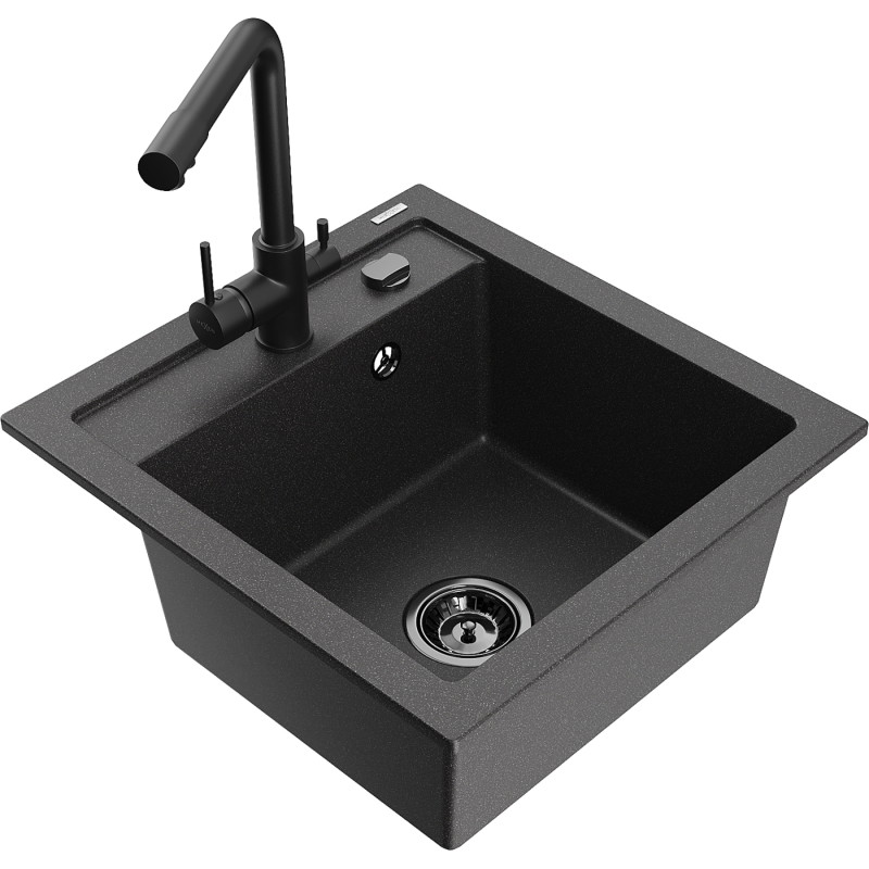 Mexen Vito 1 dalių granito plautuvė su virtuvės baterija Duero, juoda dėmėta - 6503-76-671600-70-B