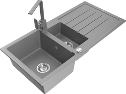 Mexen Andres granitinis kriauklė 1,5 kamerų su nuvarvėju ir virtuviniu maišytuvu Rita, pilka - 6515-71-670300-71