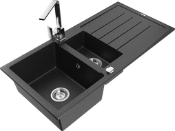 Mexen Andres 1,5 kamerų granitinė kriauklė su nusausinimo lentyna ir virtuviniu maišytuvu Rita, juoda/sidabrinis metalikas