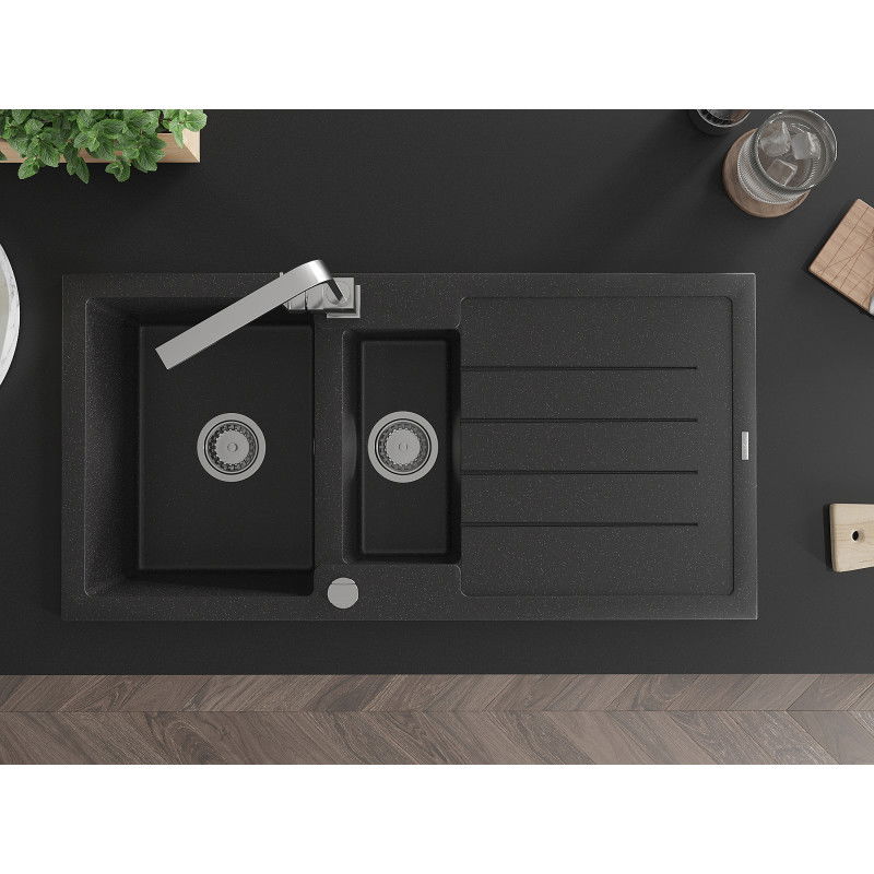 Mexen Andres 1,5 kamerų granitinė kriauklė su nusausinimo lentyna ir virtuviniu maišytuvu Rita, juoda/sidabrinis metalikas