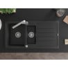 Mexen Andres 1,5 kamerų granitinė kriauklė su nusausinimo lentyna ir virtuviniu maišytuvu Rita, juoda/sidabrinis metalikas