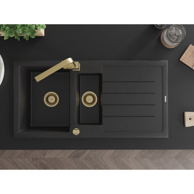 Mexen Andres granitinė pusantros sekcijos virtuvės kriauklė su nusausinimo puse ir virtuviniu maišytuvu Rita,