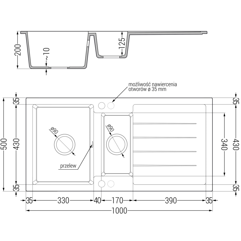 Mexen Andres granitinė pusantros sekcijos virtuvės kriauklė su nusausinimo puse ir virtuviniu maišytuvu Rita,