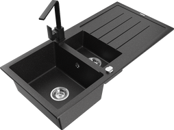 Mexen Andres granitinė 1,5 kamerų plautuvė su nutekėjimu ir virtuviniu maišytuvu Rita, juoda/sidabrinė metaliko spalva