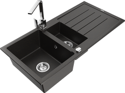 Mexen Andres granito kriauklė 1,5 kamerų su nuvarvėju ir virtuviniu maišytuvu Rita, juoda/auksinė metalik - 6515-75-670300-00