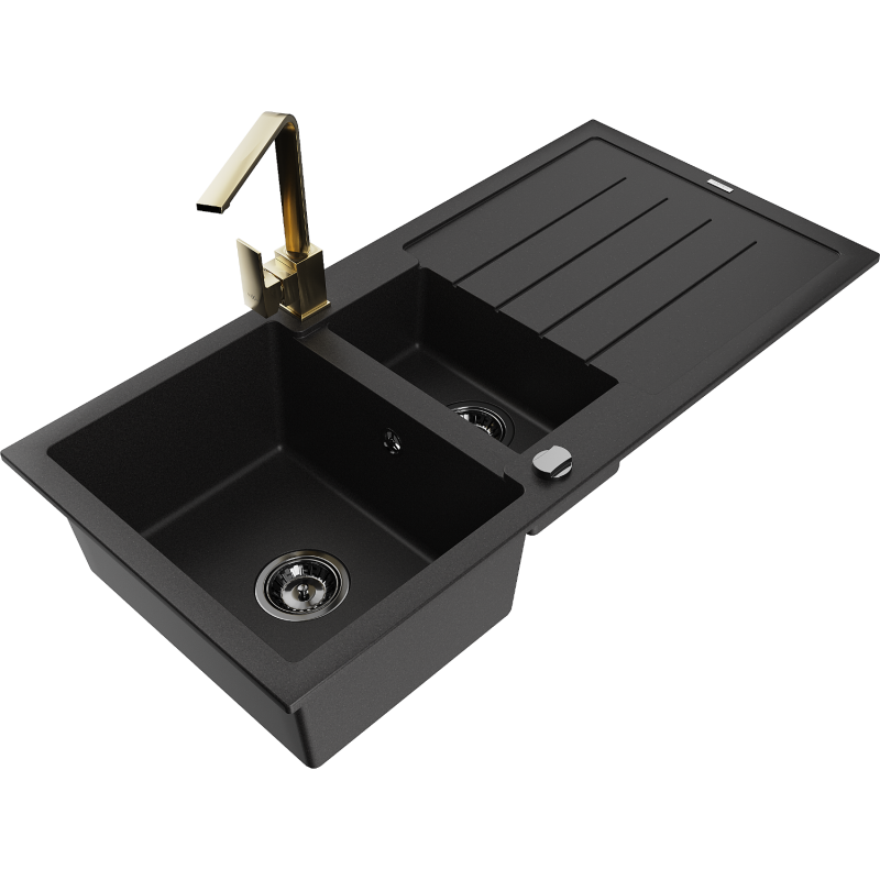 Mexen Andres granitinė pusantro dubens kriauklė su nusausintuvu ir virtuviniu maišytuvu Rita, juoda/auksinė metallic