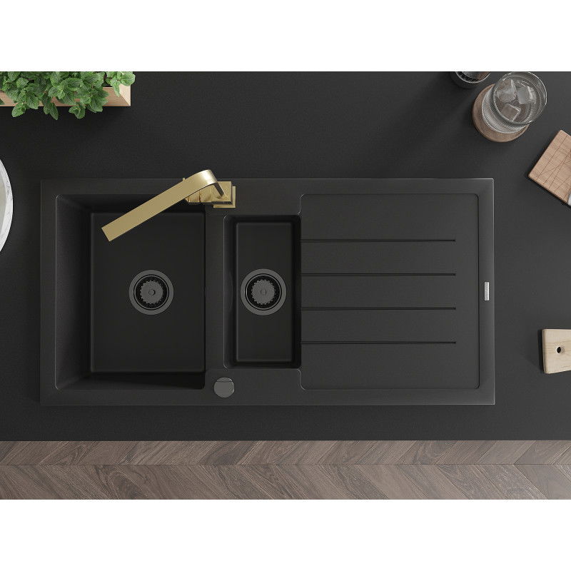 Mexen Andres granitinė pusantro dubens kriauklė su nusausintuvu ir virtuviniu maišytuvu Rita, juoda/auksinė metallic