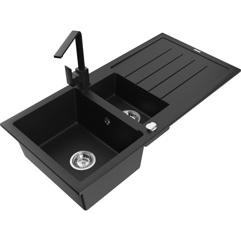 Mexen Andres 1.5 gūlbių akmens virtuvės kriauklė su nusausintuvu ir Rita virtuvės maišytuvu, juodos/auksinės spalvos