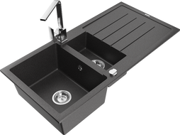 Mexen Andres granitinė dviejų skyrių plautuvė su varvekliu ir virtuviniu kranu Rita, juoda dėmėta - 6515-76-670300-00