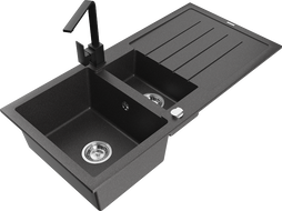 Mexen Andres granitinė 1,5-jų kamerų virtuvinė kriauklė su drenažu ir Rita čiaupu, juodos dėmėtos spalvos