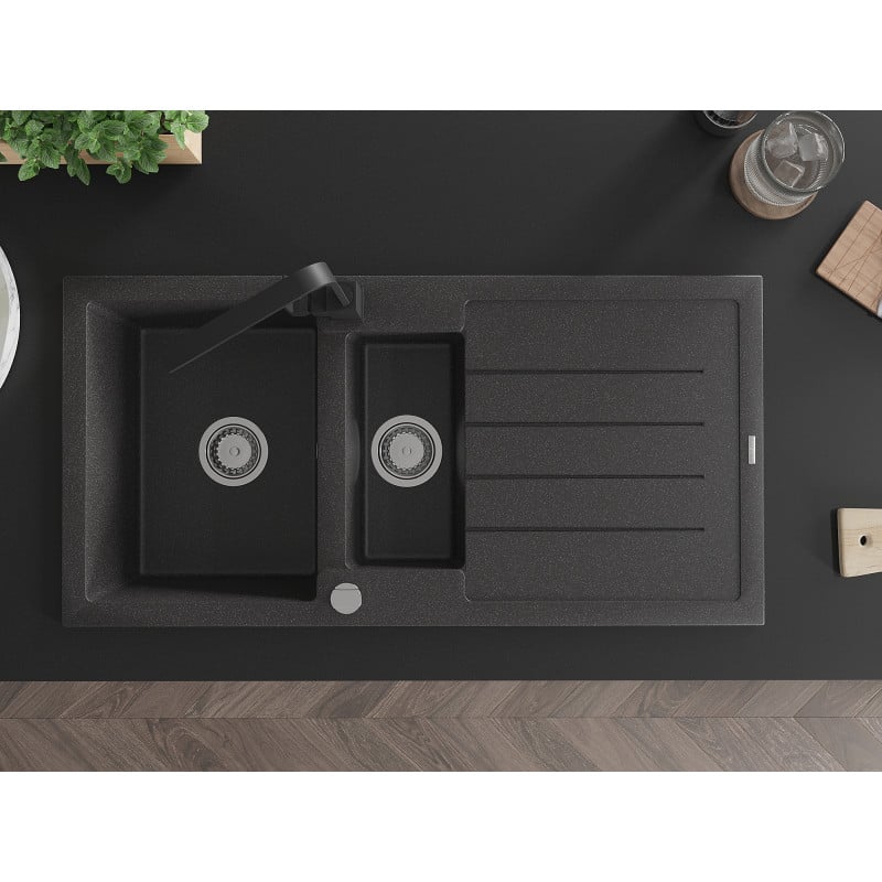 Mexen Andres granitinė 1,5-jų kamerų virtuvinė kriauklė su drenažu ir Rita čiaupu, juodos dėmėtos spalvos